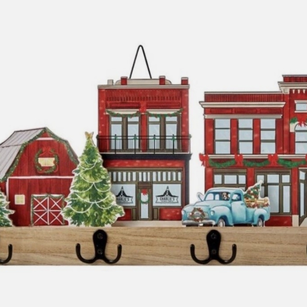 Pioneer Woman Charming Holiday Village Wall Hooks with Red and Blue Design
